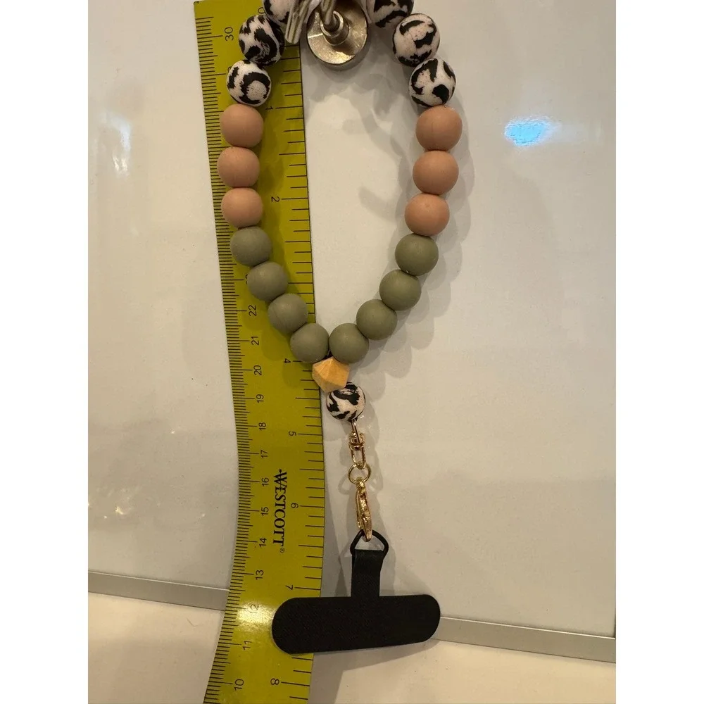 Silicone Bead Wristlet Keychain Leopard Print Sage Green Phone Tether Gold Clasp